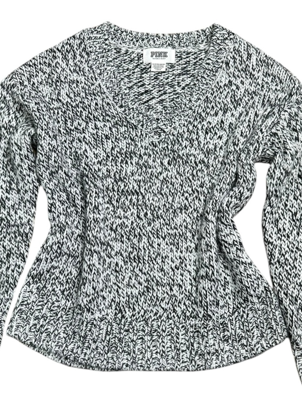 Victoria's Secret PINK Black & White Thick Cozy Marled Knit V‑Neck Sweater XS